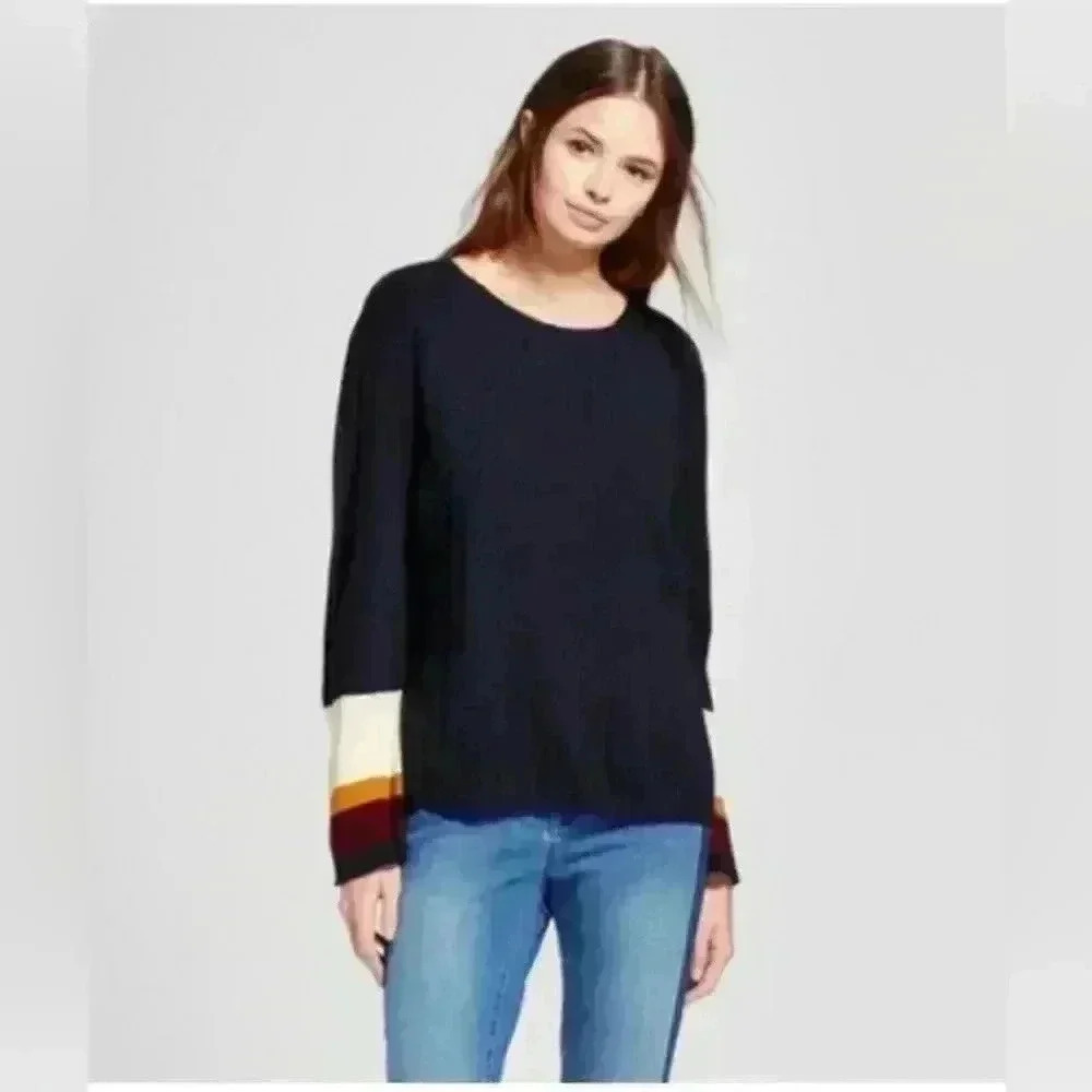 Black wool blend black sweater bell stripe sleeves